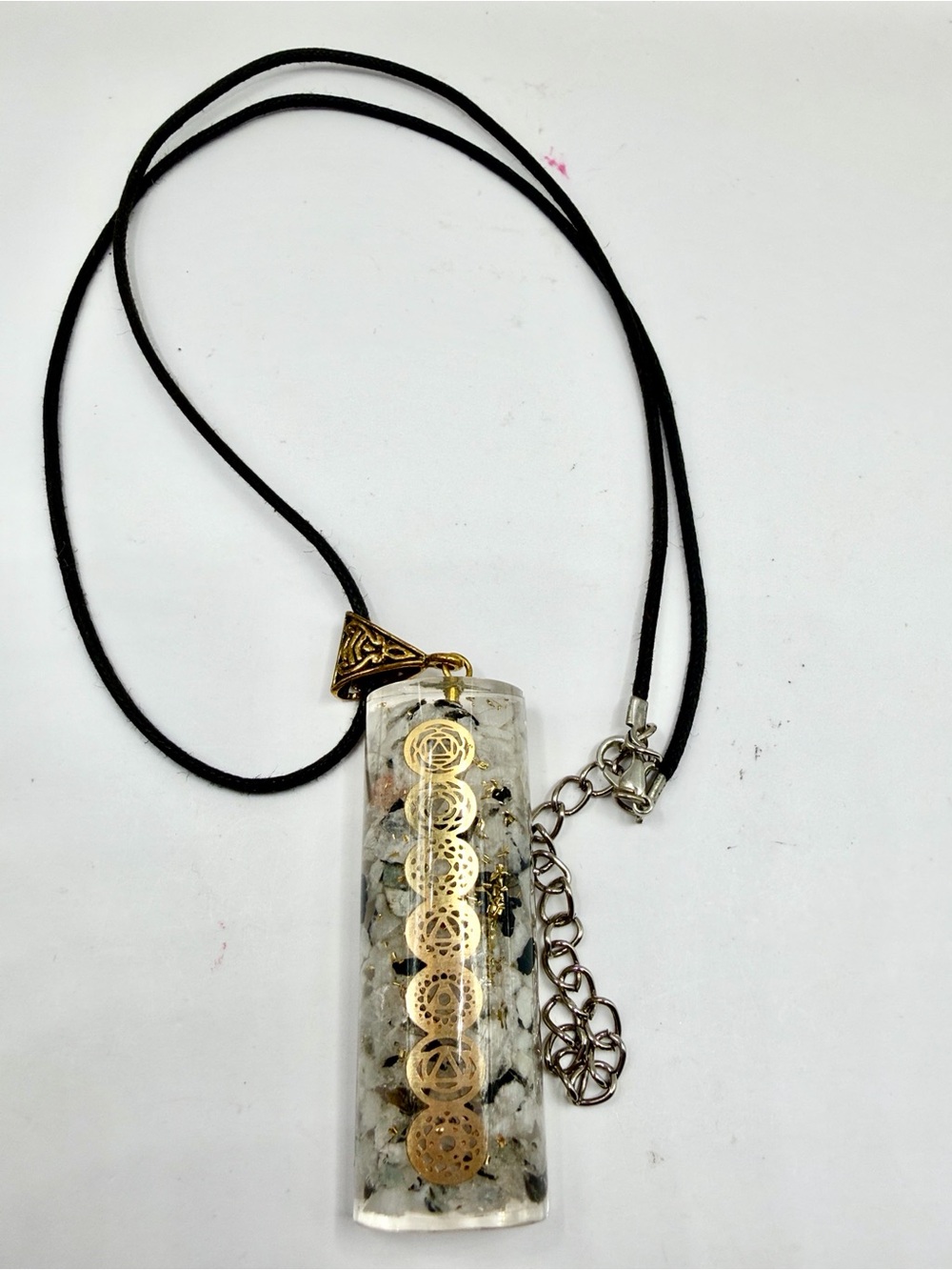 Gold Accent Clear Resin Pendant Necklace with Black Cord